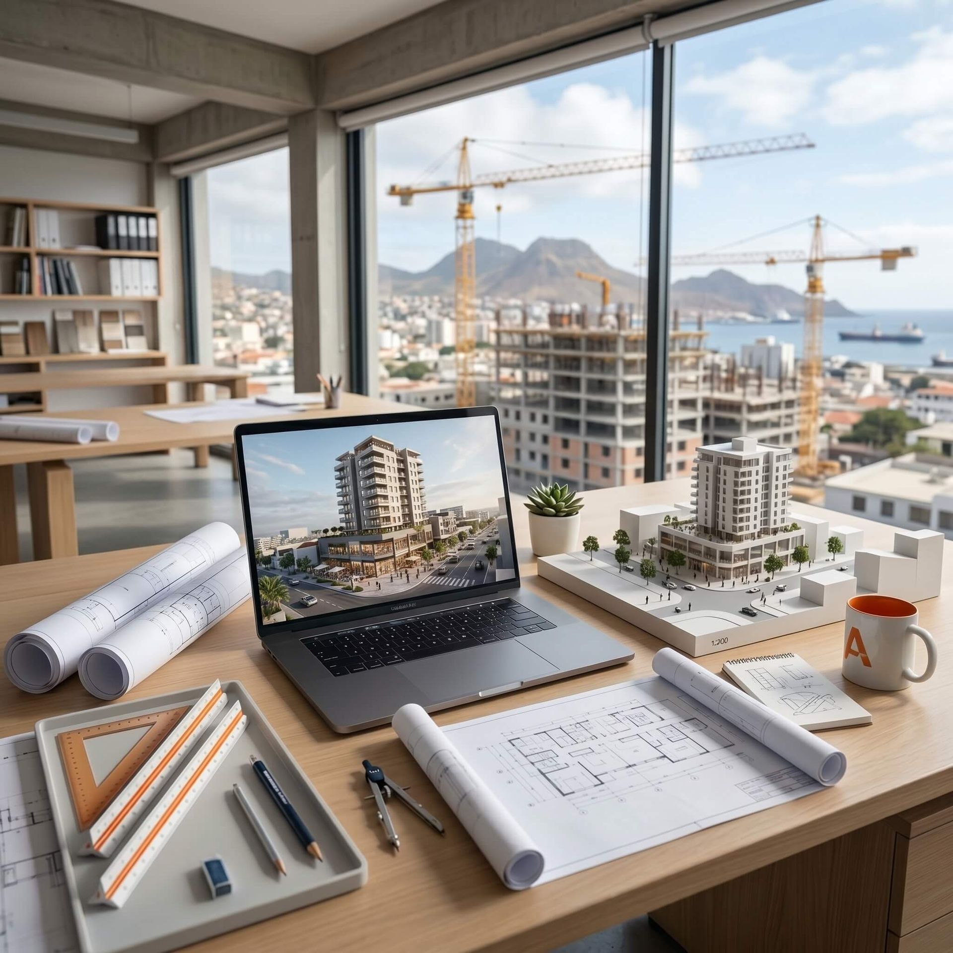 Projeto arquitetónico e planta 3D de edifício moderno na Cidade da Praia