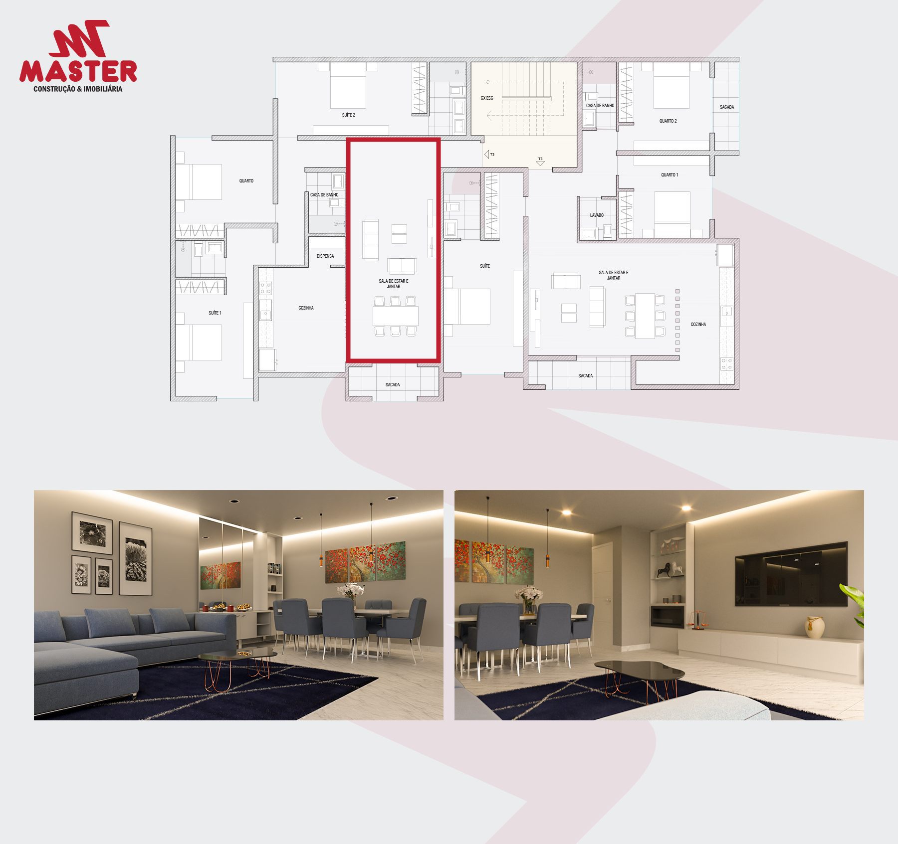 Desenvolvimento de projeto de interiores com planta 2D e visualização 3D de sala de estar contemporânea Praia Cabo Verde
