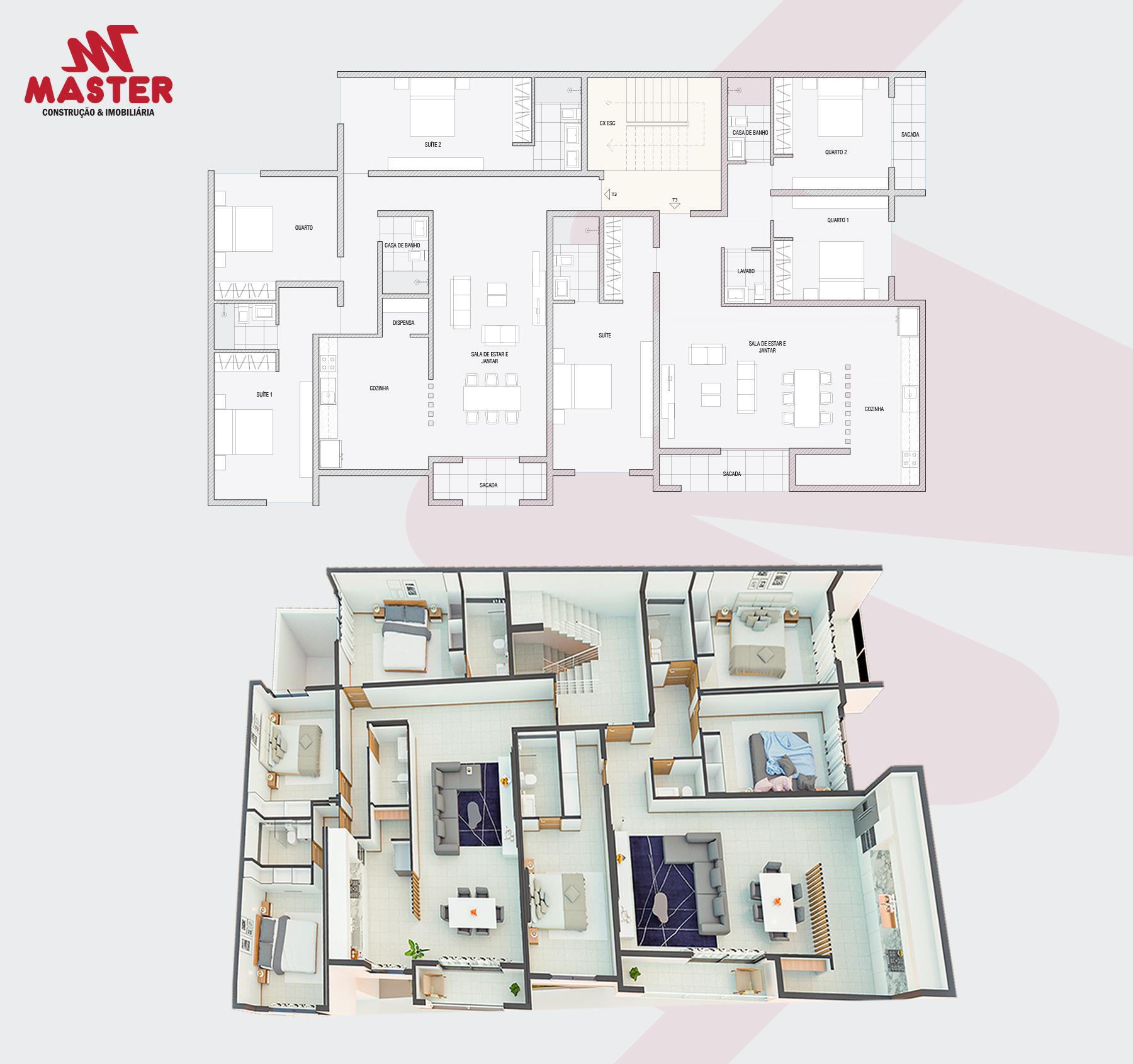 Planta baixa arquitetónica detalhada para apartamento moderno em Cabo Verde – Projetos de Engenharia Master.